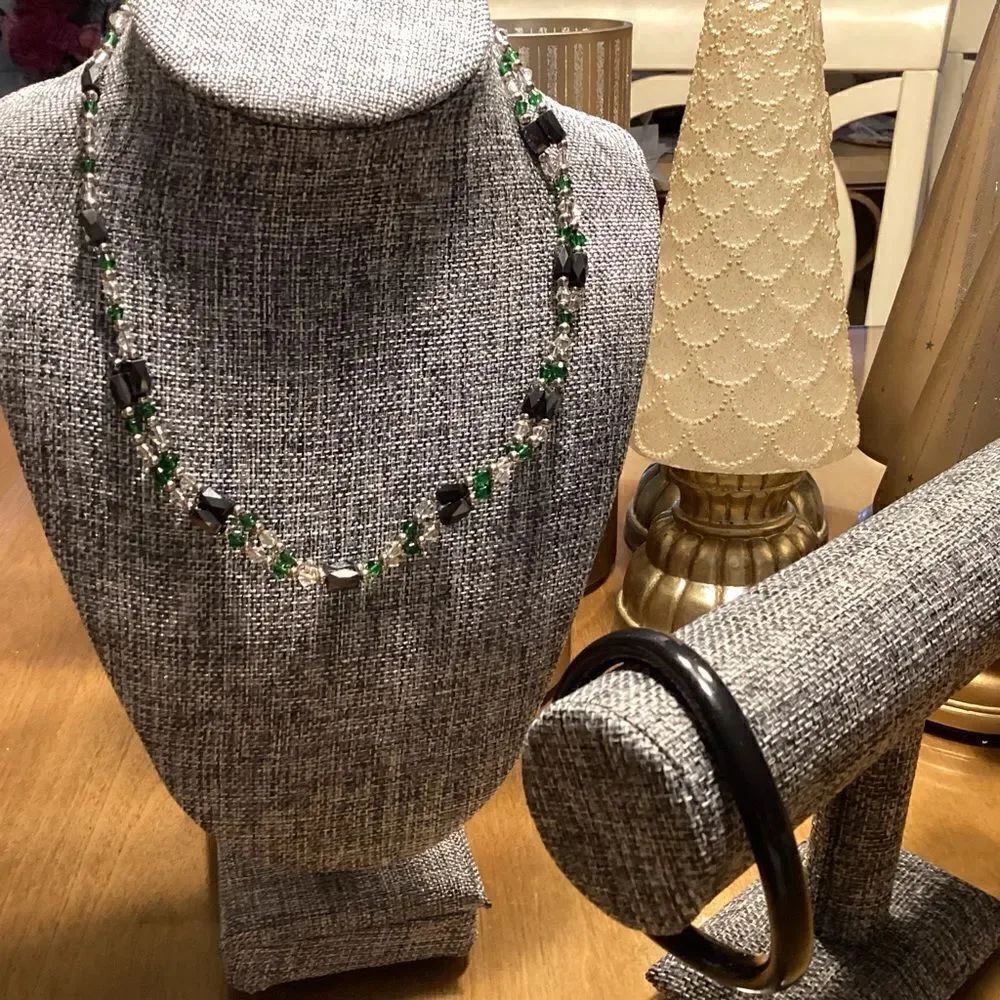 Hematite, Green and Clear Crystal Open Lariat Necklace with Black Bangle